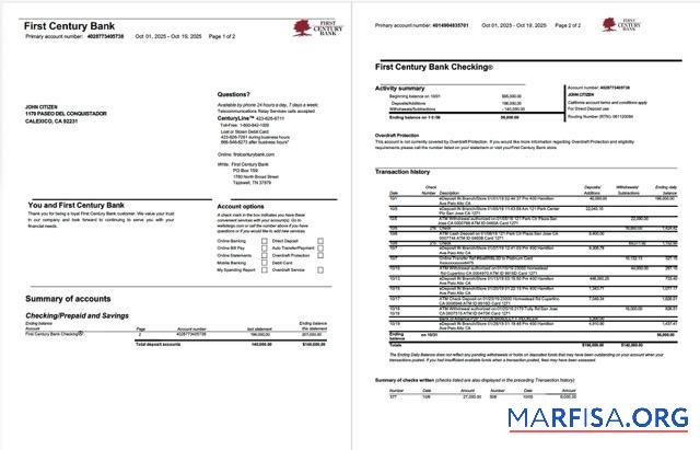 Downloadable USA First Century bank account statement word 2 pages download for verification